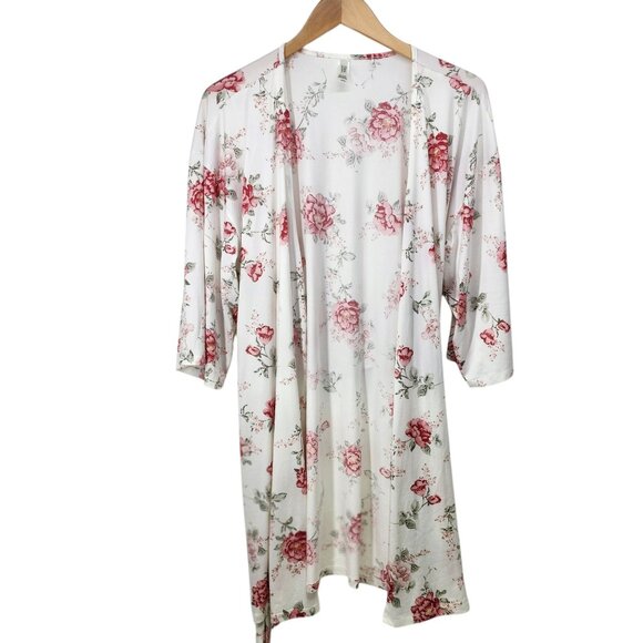 Floral Kimono Robe Belt L 93% Polyester & 7% Spandex‎ White & Pink Rose Pattern - Picture 2 of 9